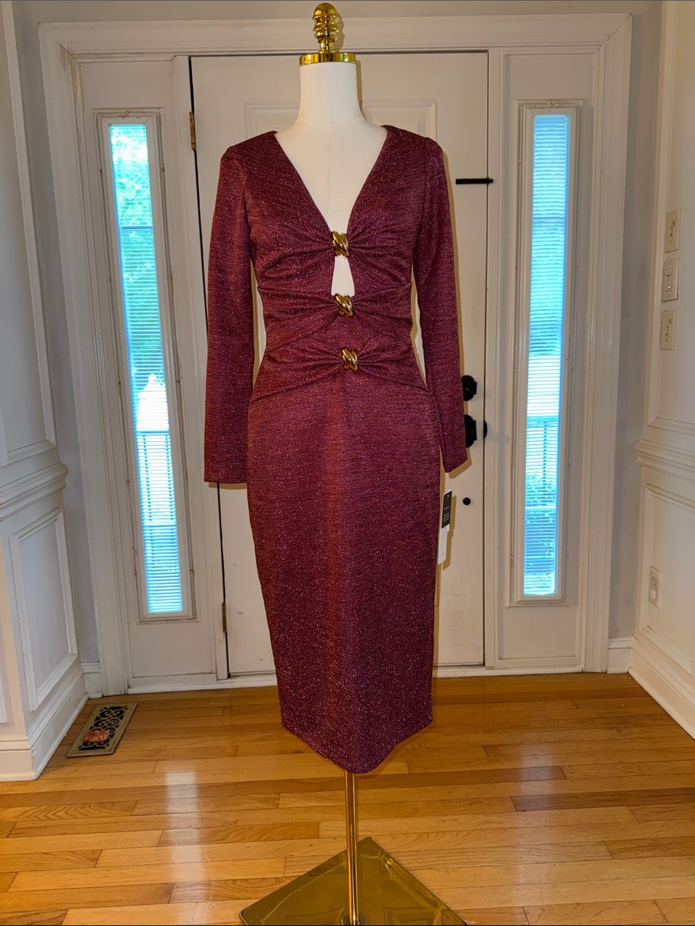 Adrianna Papell Wine Red Long Sleeve Twist-Ring Midi Dress
